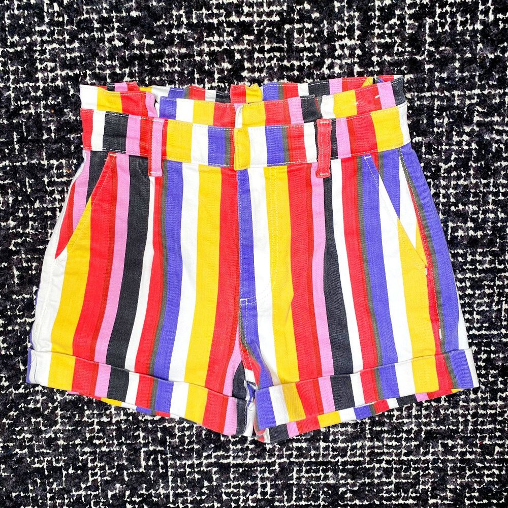 Express Rainbow Stripe High Rise Paperbag Waist Shorts